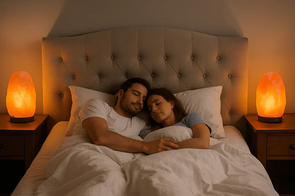Couple lying in bed together with warm lighting from salt lamps.